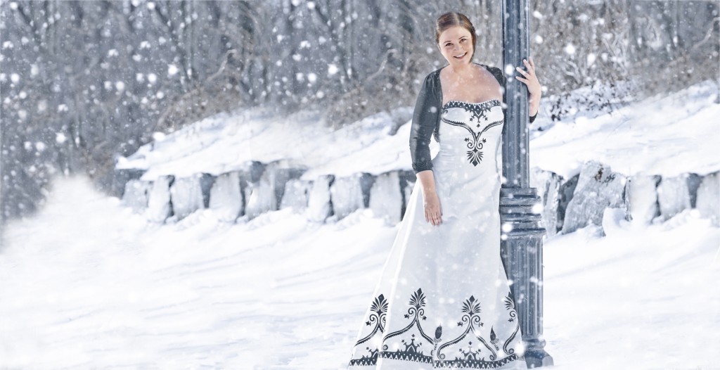 winter scene with woman in ball gown photography